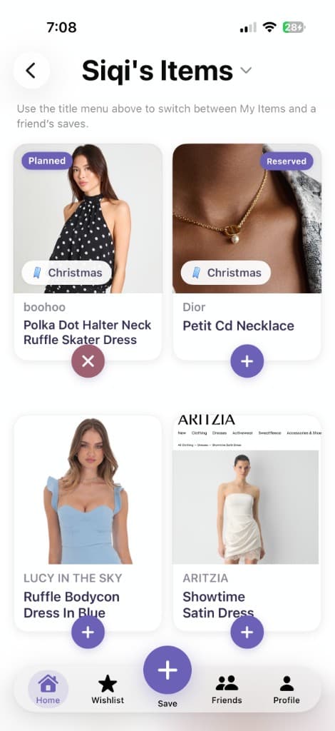 A friend’s saved items in GiftMe with planned and reserved gifts