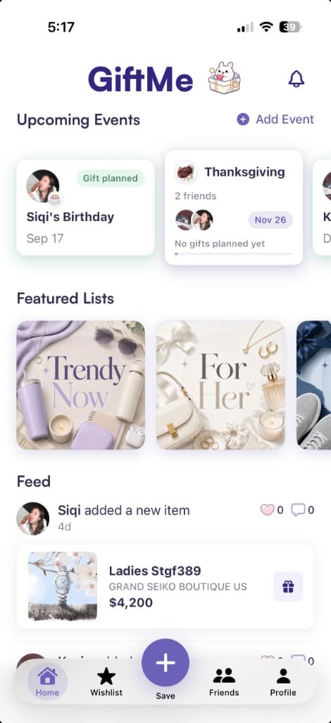GiftMe home screen showing Upcoming Events, Featured Lists, and Friends Feed