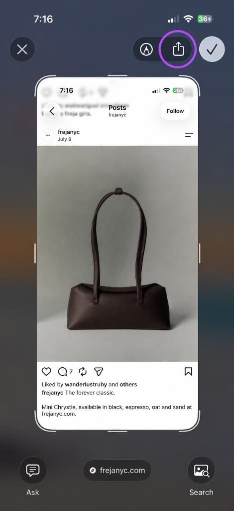 Instagram post of a Freja Mini Chrystie bag with the share button highlighted
