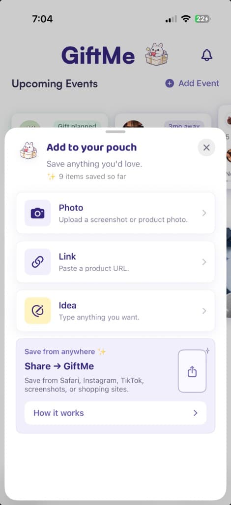 GiftMe Add to your pouch sheet with Photo, Link, and Idea options