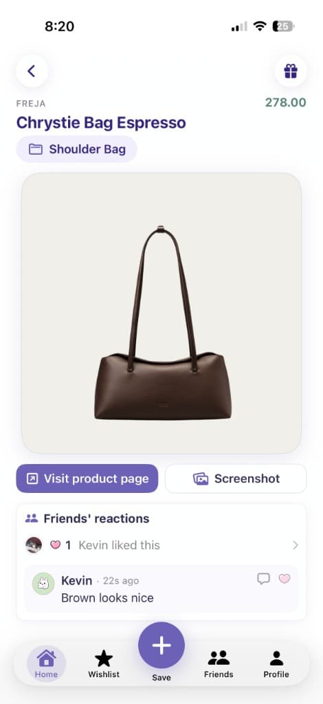 GiftMe saved item for the Chrystie Bag Espresso with friends’ reactions