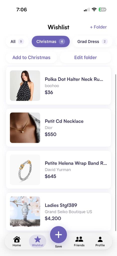 GiftMe wishlist organized into Christmas and Grad Dress folders